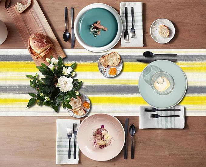 Emvency Yellow Abstract Table Runner, Modern Grey White Striped Dining Decor for Kitchen Coffee Table Family Dinners Holiday Parties Wedding Events Decor(13x72 inch)
