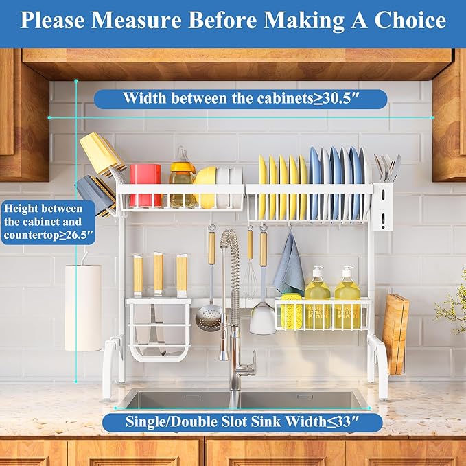 Over The Sink Dish Drying Rack, Adjustable (25.5 to 36.5 inch) 2 Tier Metal Steel Dish Drying Racks for Kitchen Counter with Hooks Paper Towel Utensil Cup Holder Sink Caddy (White)