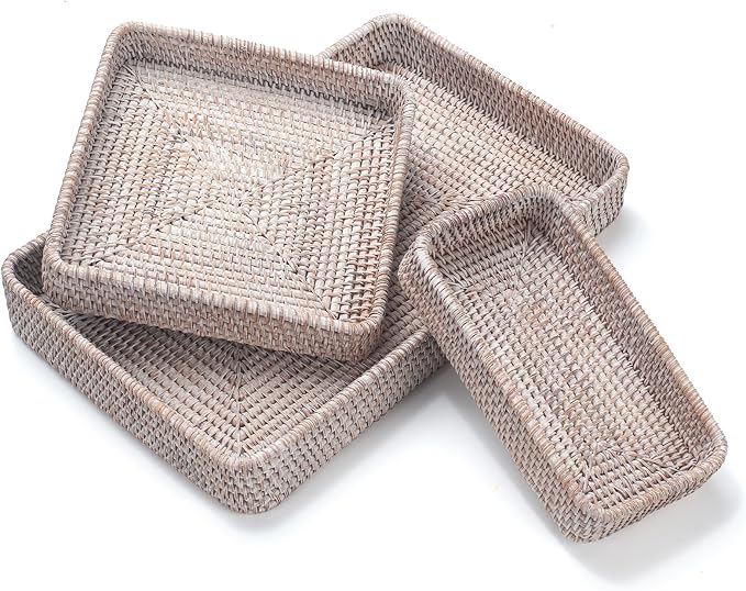 Rattan Serving Tray, Rectangular Woven Tray, Natural Wicker Decorative Serving Baskets for Organizing Tabletop Bathroom Kitchen Counter (White)