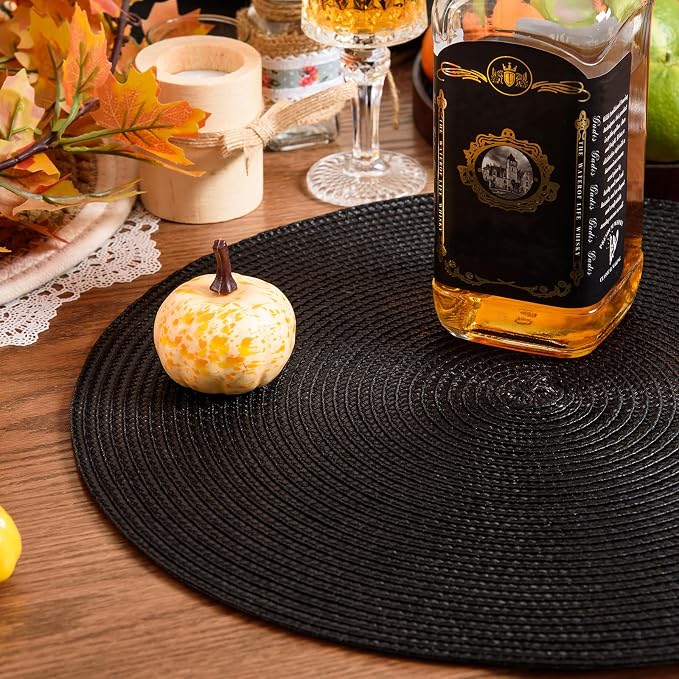 AHHFSMEI Round Placemats Set of 6 Heat Resistant Washable Non-Slip Woven Braided Table Mats for Dining Table Kitchen & Home Decor (Black)