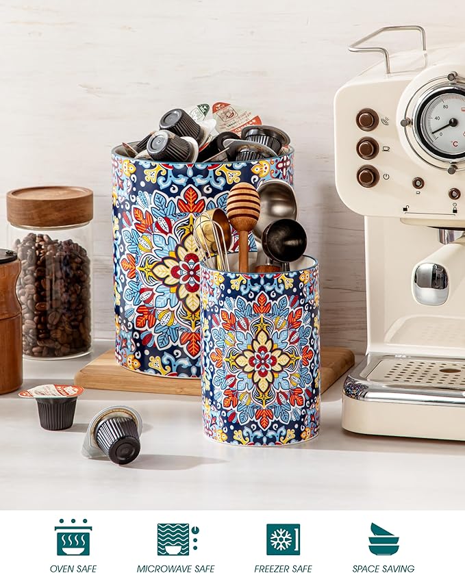 vancasso SIMI Utensil Holder, 7.3"+5.5" Porcelain Kitchen Utensil Holder for Countertop, Bohemian Kitchen Utensil Organizer for Spatulas, Spoons, Decorative Counter Utensil Crock, Twilight Bloom