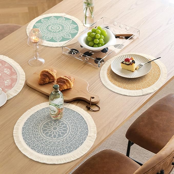 LOMOHOO Set of 4 Round Placemats 13 Inch Table Mats Boho Cotton Woven Mandala Tassels Heat Proof Washable Circle Place Mat for Kitchen Dining Wedding Farmhouse Home Decoration Colorful-4pcs