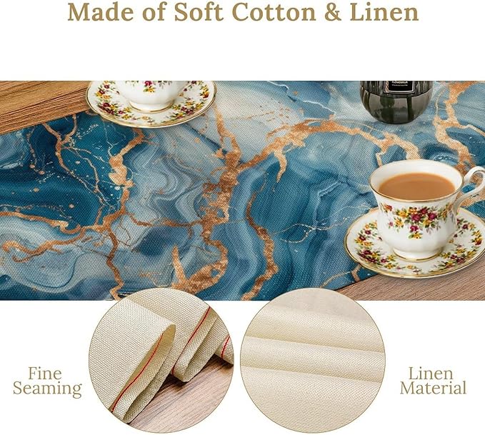 Marble Table Runner, Abstract Gold and Blue Modern Luxury Texture Pattern Printed Linen Table Runners for Kitchen Living Room Farmhouse Dining Room Party Holiday Home Decor 13" W x 108" L