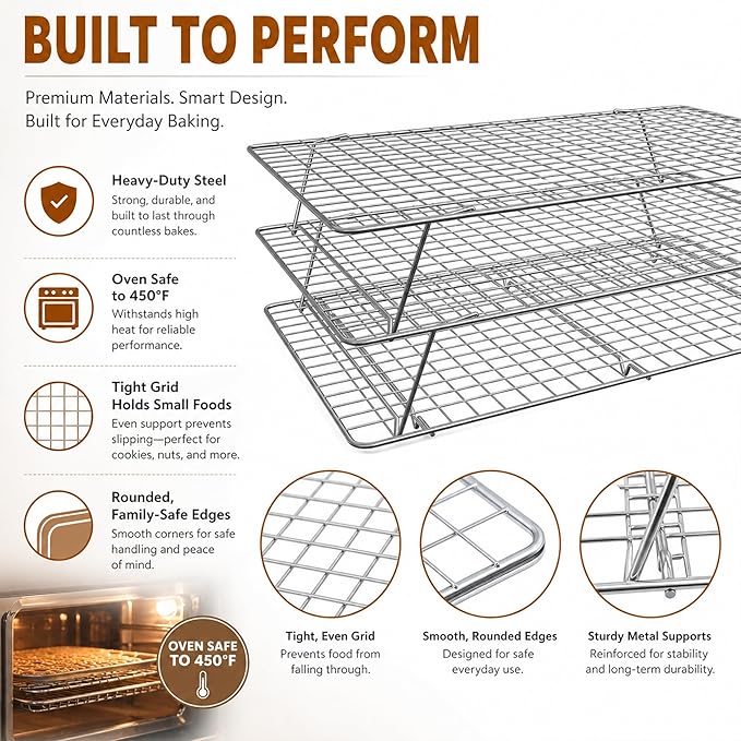 Cooling Rack, 3 Tier Stackable Cooling Racks for Cooking Baking Roasting, Multi-Level Collapsible Cookie Rack for Cakes, Oven Safe & Easy Clean (Silver, 3-Tier-SL)