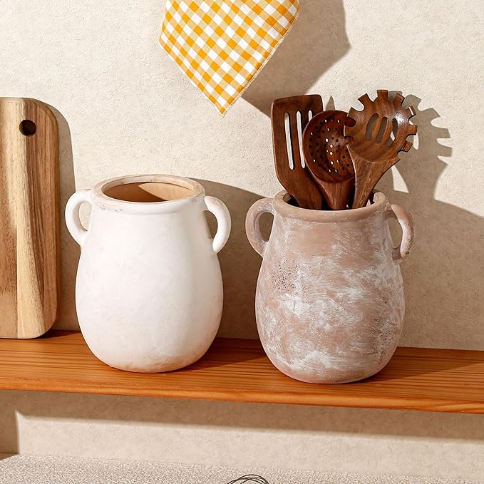 Rustic Kitchen Utensil Holder for Countertop, Ceramic Utensil Crock for Kitchen Counter,Farmhouse Spatula Organizer for Countertop, Vintage Crock Decor, Ideal Housewarming Gift (Brown)