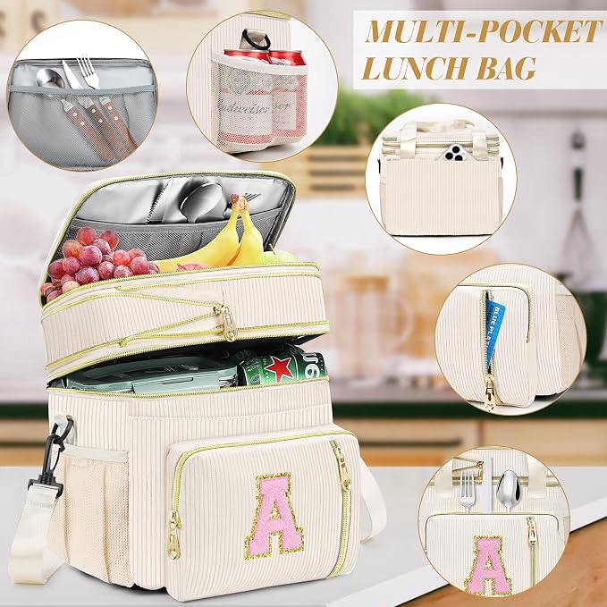 Personalized Initial Lunch Box for Women, Double-deck Expandable Large Insulated Cooler Lunch Bag with Shoulder Strap, Adult Lunch Box, Gifts for Women, Wife, Mom & Friends for Work, Picnic, Beach