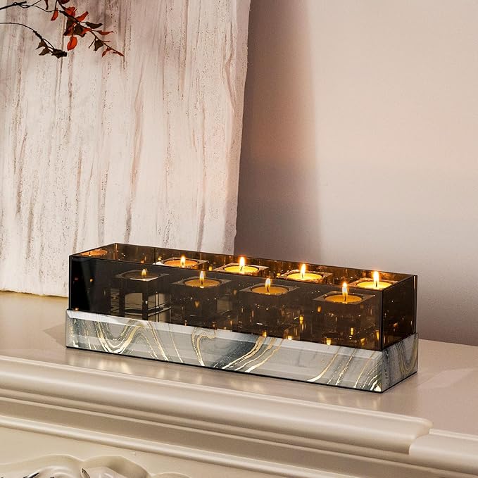 Crystal Glass Candle Holder Rectangular 4 Candle Seat with Marble Pattern-Tealight and Votive Candles Holders Centerpiece Table Decorations for Home Décor, Dining Room, Kitchen, Patio (White)