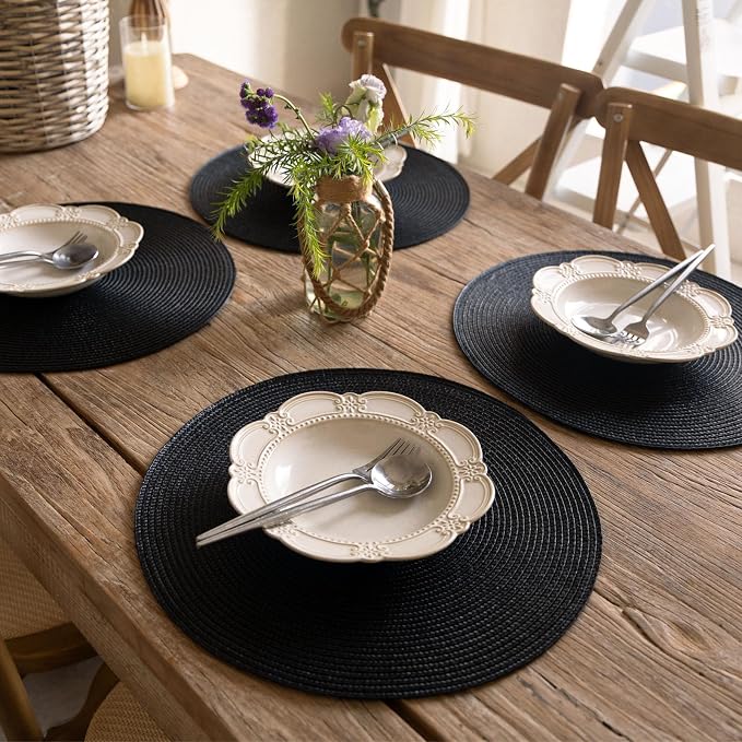 FunWheat Round Braided Placemats Set of 6 Place Mats for Dining Table Woven Washable Non-Slip Table Mats 15 Inch (Black, 6pcs)