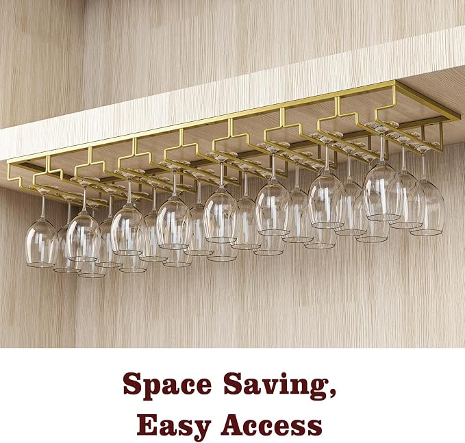 Nuovoware Wine Glass Rack - Under Cabinet Stemware Wine Glass Hanger Rack Holder for Bar Kitchen Cabinet, 8 Rows - Deep Gold
