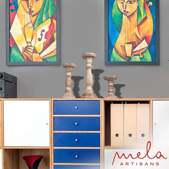 Mela Artisans 6”, 9” & 12” Mango Wood Pillar Candle Holder Set of 3 – Tuli Design Whitewashed – Wooden Candle Holders for Table, Mantel & Living Room Décor