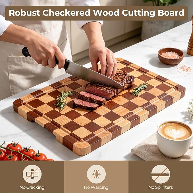 Checkered Cutting Board for Kitchen - Checkerboard Wood Chopping Board with Juice Groove & Handle, End Grain Wooden Checker Kitchen Board for Cooking, Serving and Decor