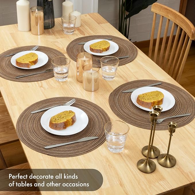 Winknowl Round Braided Placemats Set of 6 Washable Woven Heat Resistant Table Mats for Kitchen Dining Tables 15 inch Round Place Mats (Brown,6)