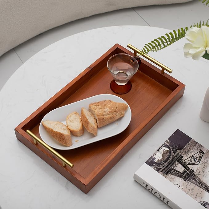 Coran Wooden Rectangle Tray | Gold Metal Handles | 6097BR