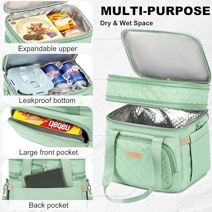 AIJIEKE Insulated Lunch Bag for Women, Large Double Deck Lunch Box for Work, 100% Leakproof Reusable Cooler Tote with Expandable Pockets & Adjustable Strap for Beach, Picnic, Green