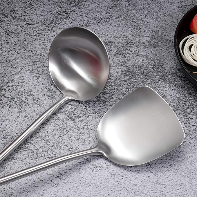 Wok Spatula & Ladle Tool Set, AOOSY 304 Stainless Steel Cooking Utensils, Wooden Handle Wok Utensils Soup Ladle, 15 Inches, Set of 2