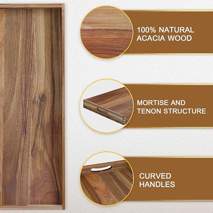MAONAME Extra Large Ottoman Tray, 40 x 20 inches Wooden Serving Tray for with Handles, Acacia Wood Serving Platter Trays for Living Room, Breakfast