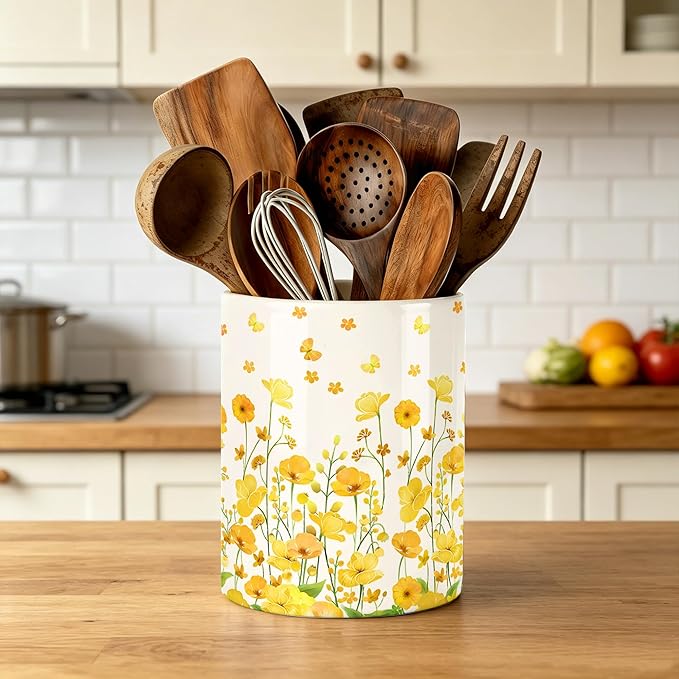 Yellow Flowers Utensil Holder, Ceramic Kitchen Utensil Holder, Utensil Crock for Home Kitchen Countertop Storage Organizer Container, Large Holder for Spatulas, Spoons, Kitchen Counter Decor, 6"