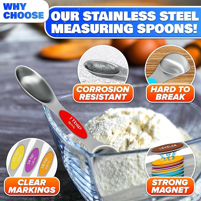 8 Pcs Magnetic Measuring Spoons Set Stainless Steel – Magnet Measuring Spoons 1/8 Tsp–1 Tbsp with Dual-Sided Design – Fits Narrow Spice Jars | Dry & Liquid Ingredients | Kitchen Ladle Gift Ideas