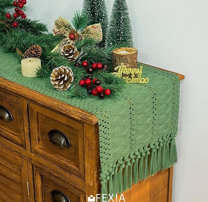 FEXIA Green Table Runner with Tassels for Summer Decor 72 Inches Long Macrame Table Runner for Home Decor Farmhouse Rustic Table Runner for Dining Bedroom Decorations (12x72 Inches)