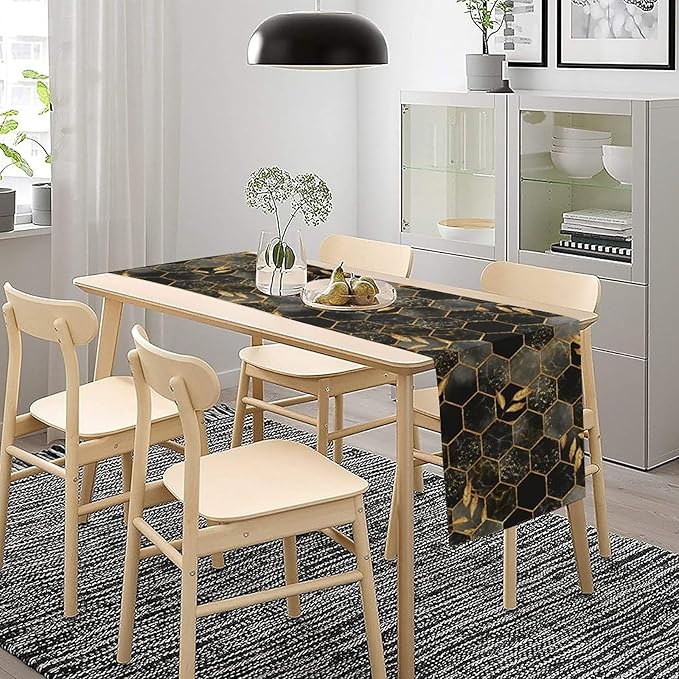 Marble Table Runner, Black and Gold Abstract Geometry Hexagon Modern Luxury Texture Printed Linen Table Runners for Living Room Kitchen Dining Room Party Holiday Decor 13" W x 48" L