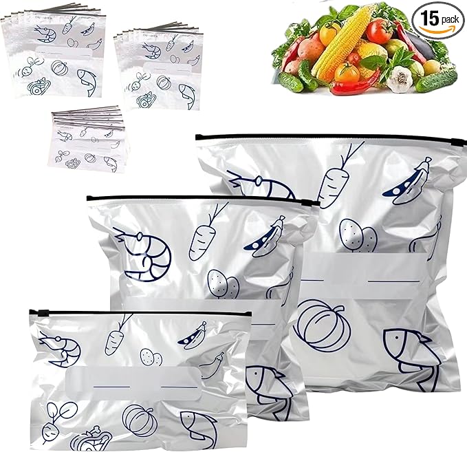 15Pcs Reusable Aluminum Foil Sealable Storage Bags, Seafood Meat Self-sealing Freezer Bags with a stand-up bottom design Freezer Safe & Leak Proof Sandwich Snack Bags for Lunch Travel
