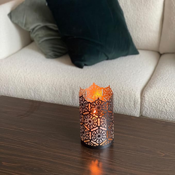 Hosley 7 Inch High Cut Bronze LED Votive Tealight Holder Lantern Intricate Floral Design for Timeless Elegance and Cozy Illumination in Stylish Home D cor Elevate Your Ambiance