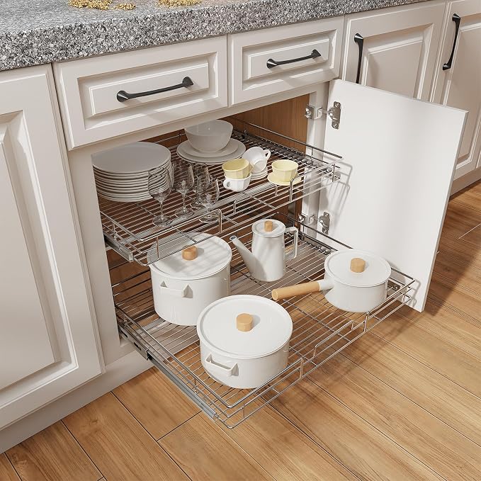 ROOMTEC Individual Pull Out Cabinet Organizer (31½" W x 21½" D), 2 Tier Spice Rack Organizer for Cabinet, Slide Out Drawer Pantry Shelf Organization and Storage for Kitchen Bathroom