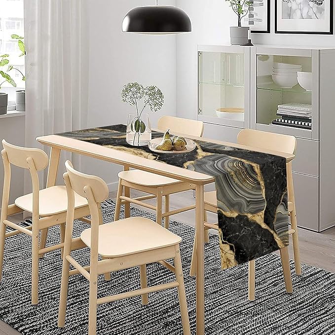 Marble Table Runner, Black Grey and Gold Abstract Modern Luxury Texture Printed Linen Table Runners for Farmhouse Kitchen Dining Room Party Holiday Decor 13" W x 90" L