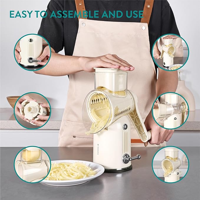 Navaris Rotary Cheese Grater with 5 Blades - Vegetable Shredder, Strong Suction Base, Mandoline Slicer for Fruit, Nuts, Dishwasher Safe, with Storage Box, Easy to Clean, Cream