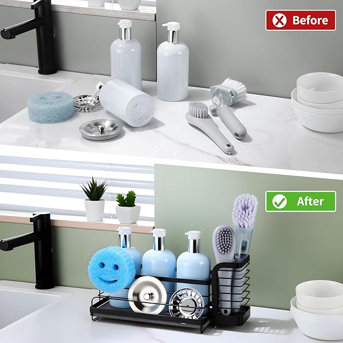 for Scrub Daddy & Mommy Sponge Holder, Kitchen Sink Caddy for Soap Dish & Adjustable Dish Brush Holder, with Diatomite Stone Sink Tray, Instant Dry