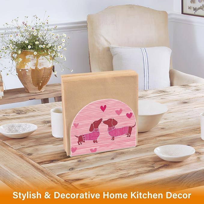 Napkin Holder Acrylic Napkin Holder for Table Kitchen Party Restaurant U Shaped Upright Napkin Dispenser Organizer Pink Striped Dachshunds and Hearts