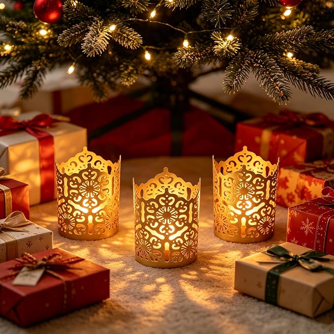 Hosley Set of 3 Gold Diamond Cut Candle Holders 4 Inches High Elevate Your Space with Elegant Metal Candle Holders in a Value Pack