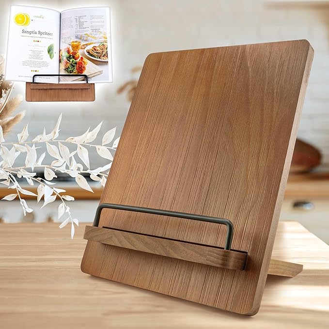 Cookbook Stand Recipe Book Holder: Recipe Cook Book Stand for Kitchen Counter, Wooden Adjustable iPad Tablet Cookbook Stand - Wood Cutting Board Style - Brown