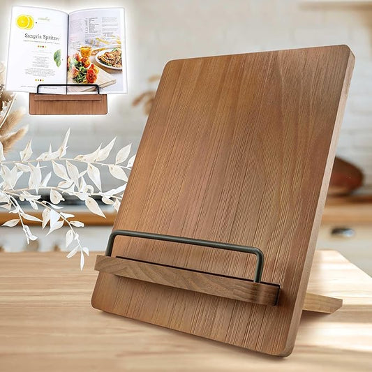 Cookbook Stand Recipe Book Holder: Recipe Cook Book Stand for Kitchen Counter, Wooden Adjustable iPad Tablet Cookbook Stand - Wood Cutting Board Style - Brown