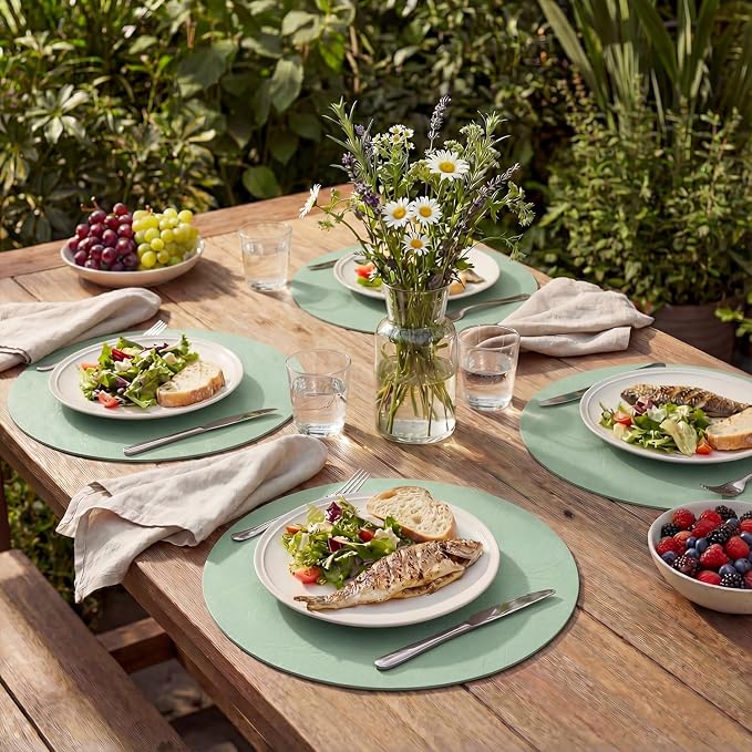 Artoid Mode Sage Faux Leather Placemats Set of 4, 15 Inch Waterproof Wipeable Heat Resistant Vinyl Place Mats, Reversible Table Mats for Spring Kitchen Dining Decor