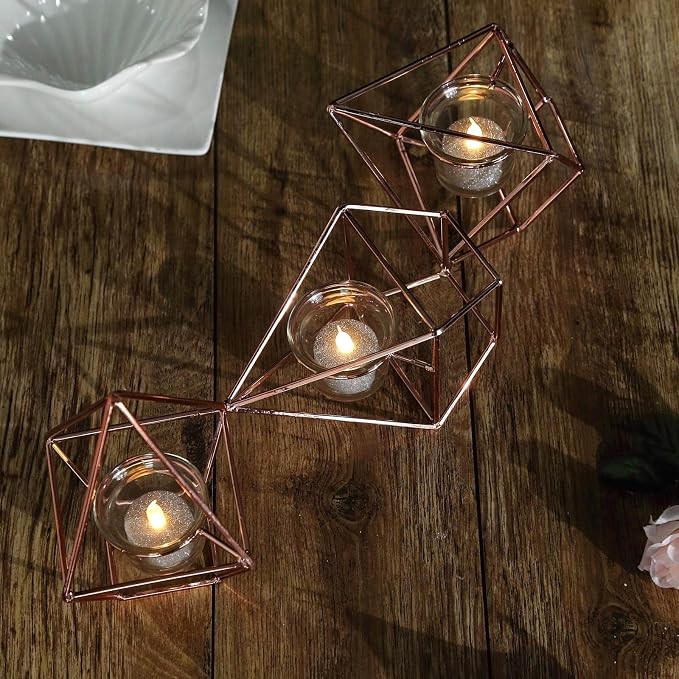 Efavormart 16.5" Rose Gold Geometric Candle Holder Set 3 Metal Geometric Centerpieces Joint Together Votive Glass Holders