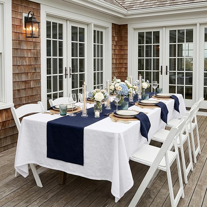 Solino Home Linen Navy Blue Table Runner 72 Inches Long - 100% Pure Linen 14 x 72 Inch Table Runner for Dining, Spring, Summer, 4th of July - Fete