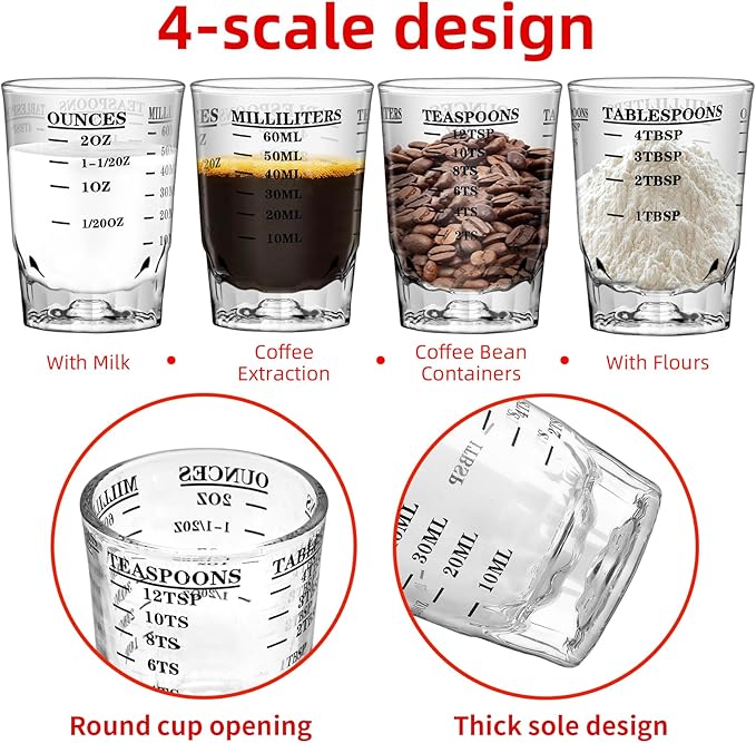 2 OZ 4 Features Shot Glasses Measuring cup Liquid Heavy Glass Wine Glass Espresso Shot -Incremental Measurement Heavy 60ML (6, Black)