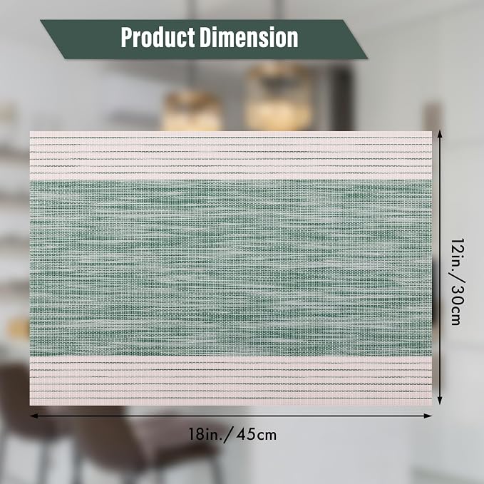 Winknowl Placemats, Set of 6 Heat Resistant Stain Resistant Woven Vinyl Insulation Place mats, Durable Washable Elegant Table Mats for Dining (Striped Green)