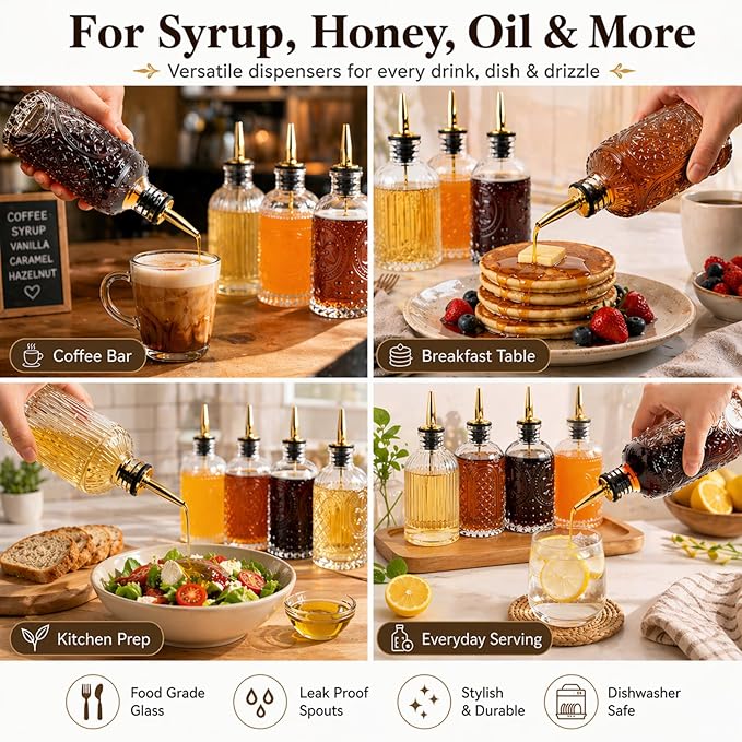 ChezMax Syrup Dispenser Bottles Set of 4, Simple Syrup Bottle for Coffee Bar Accessories, 7 oz Glass Coffee Syrup Dispenser Syrup Containers for Maple Honey Syrup Oil, with Metal Pour Spouts & Labels