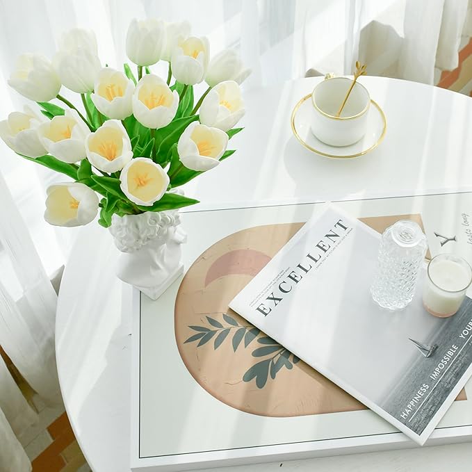 Mandy's White Partially Open Artificial Tulips Flowers Centerpiece, 13.5" Lifelike PU Fake Floral Stems 12pcs for Kitchen Island & Dining Table, Spring Decor for Easter