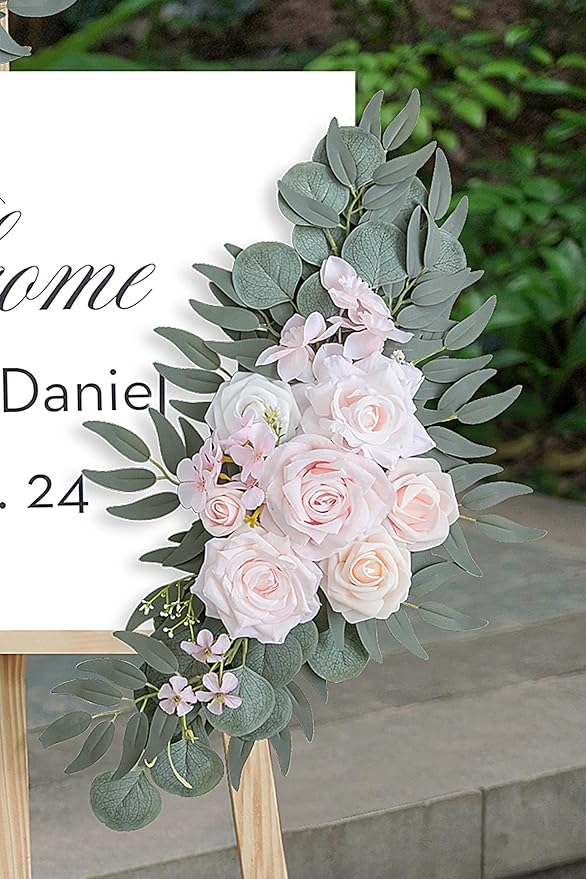Olalaka Pink Wedding Arch Flowers Set of 2 for Wedding Welcome Signs, Artificial Wedding Flowers for Wedding Ceremony Outside(Pink & Ivory)