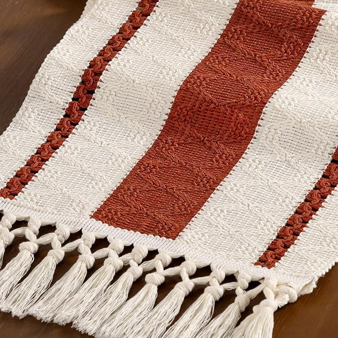 Boho Woven Cotton Linen Table Runner Terracotta & Ivory 11"x48" with Tassels Rustic Macrame Farmhouse Table Runner for Summer Dining Room Wedding Kitchen Party