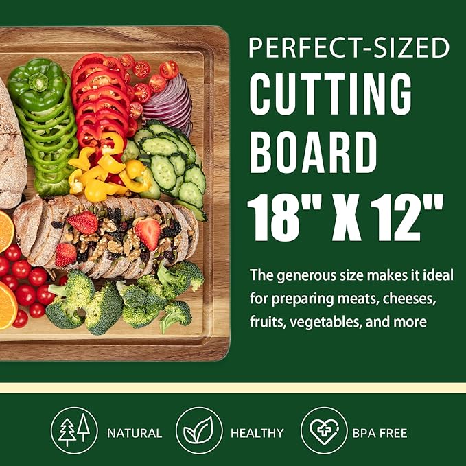GarveeHome 18 in x 12 in Acacia Wood Cutting Board, 1 in Thick Chopping Board with Deep Juice Groove and Back Inner Handles, Kitchen Butcher Block Cutting Board for Meat, Vegetables and Fruit