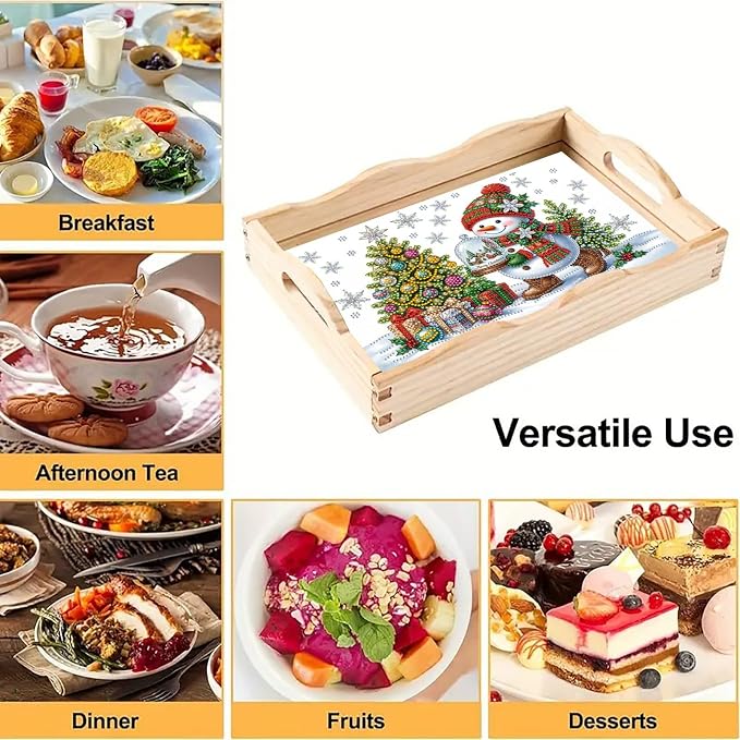 DIY Diamond Serving Tray with Handle Handmade Gem Painting Wooden Rectangular Breakfast Tray for Dinner Plate Coffee Room Living Home Organizer-Snowman
