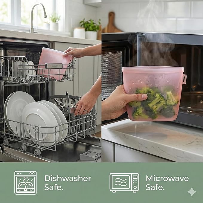 Zyra Reusable Silicone Food Storage Bag Set – 3 Sizes (500ml, 1000ml, 1500ml) – Leakproof, Foldable, Microwave & Freezer Safe, BPA-Free, Dishwasher Safe, Eco-Friendly Meal Prep. (Water Pink)