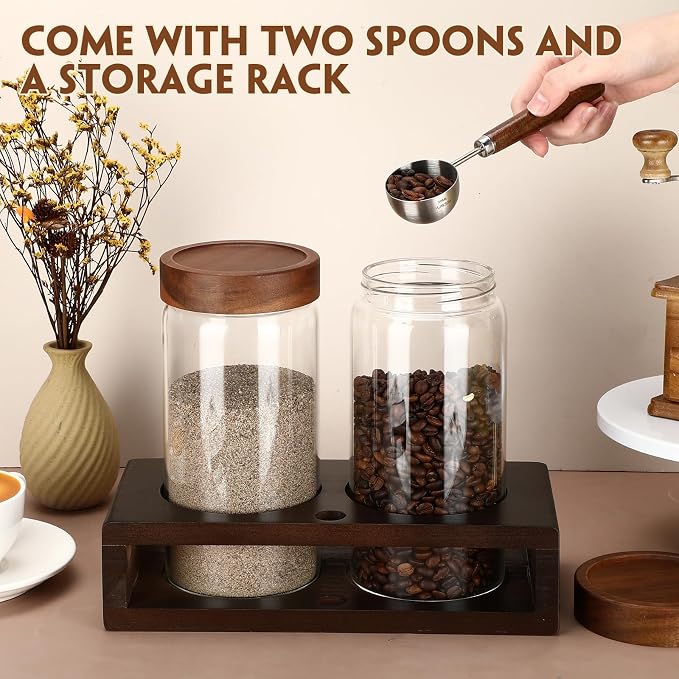 Suclain Glass Coffee Grounds Container with Shelf 2 x 44 oz Glass Coffee Bean Storage Canisters with Airtight Thread Lid and Measuring Spoon Food Storage Jars for Kitchen Sugar(Plain Style)