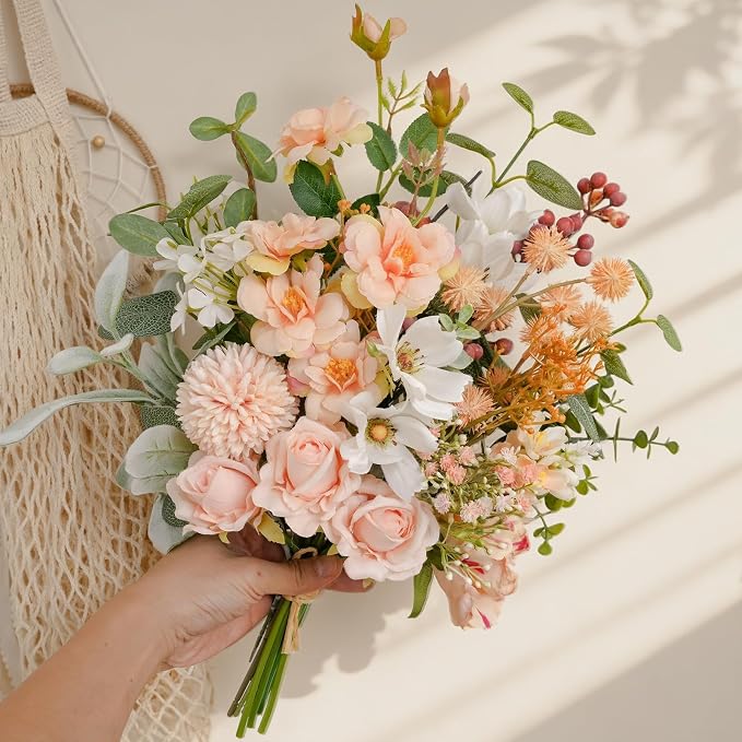 17-inch Artificial Fake Faux Flowers Silk Flower Arrangements Bouquets with Red Berries, Cosmos, Snow Cherry, Chinese Rose, Dandelions, Baby's Breaths, Eucalyptus, Peony, Roses