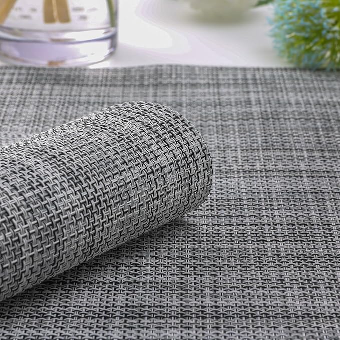 Myir JUN Placemats Set of 8, Vinyl Woven Placemats Place Mats Indoor Set of 8 Washable Table Mats Non-Slip Place mats for Dining Table (Light Gray, Set of 8)