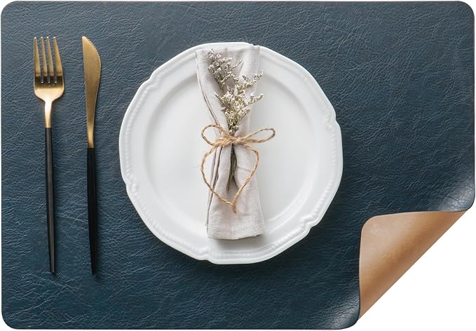 Placemats Set of 8, DOLOPL Reversible Dual-Color Faux Leather Place Mats 17"x11.8"– Waterproof, Heat Resistant, Washable & Wipeable, Luxury Retro Style for Kitchen, Dining Table (Camel/Navy Blue)